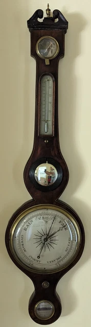 I Pedroni Mid-19th Century Mahogany-encased Banjo Barometer, Made in England I Pedroni Mid-19th Century Mahogany-encased Banjo Barometer, Made in England