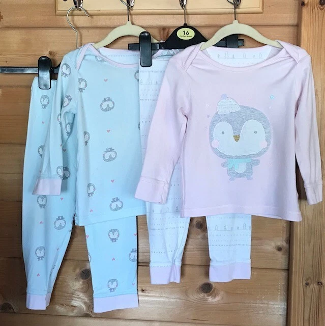 Mothercare's Two Pairs of Girls Penguin Pyjamas Age 18-24 Months