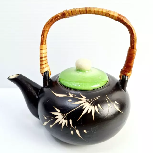 Vintage Thang Hoa Bat Trang Vietnamese Carved Pottery Cane Tea Pot Black & Green