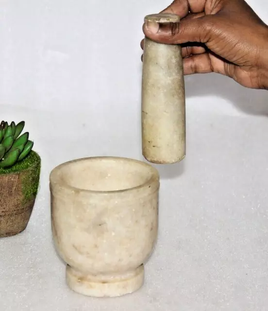 Antique White Marble Handmade Mortar & Pestle Crushing Food/Spices 14188