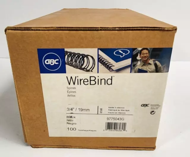 GBC 9775043G WireBind Wire O Binding Spines 3/4 x 2:1 Twin Loop Black 100 pcs