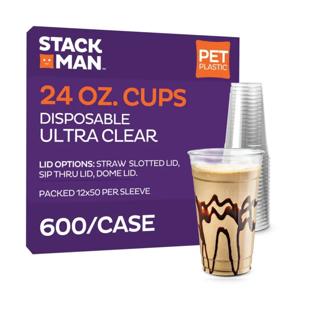Stack Man [paquete de 600 - 24 oz] Tazas de plástico desechables ultra transparentes para PET - fiesta...