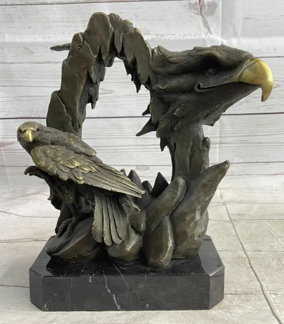 Exquisita Americano Calva Águila Cabeza Busto Bronce Escultura Base Marmol