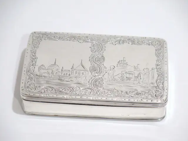 4 in - Sterling Silver Antique Dutch Life Scenes Snuff Box