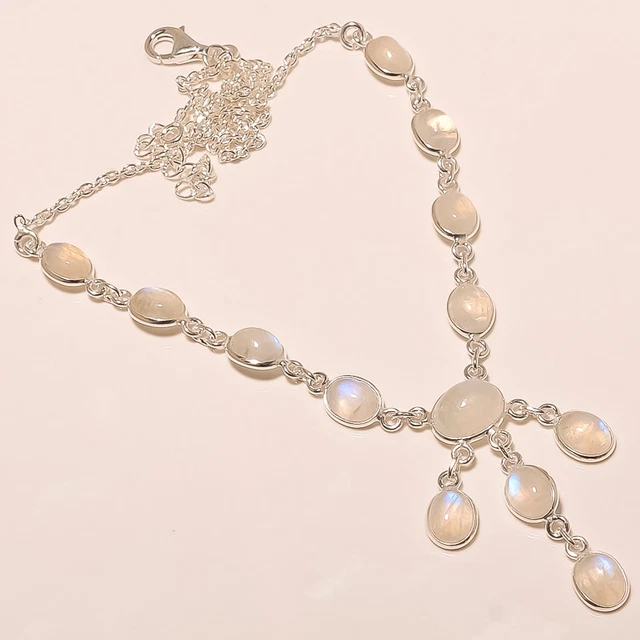 AAA Fin Blanc Arc-en-Ciel Cab Gemme Collier 925 Argent Sterling 10.70 Gram S243