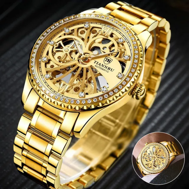 Gold Tone Skeleton Men's Automatic Mechanical Wrist Watch Stainless Steel Luxury