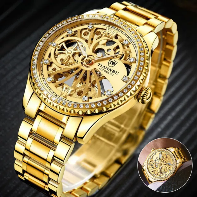 Men's Automatic Mechanical Wrist Watch Stainless Steel Gold Tone Skeleton Luxury