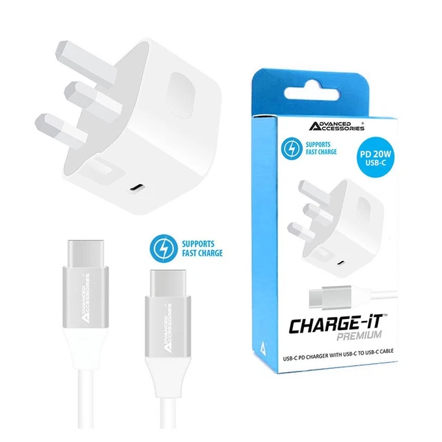 AA 20W 3A PD Mains Charger 1M USB-C to USB-C Fast Charging Bundle -  White