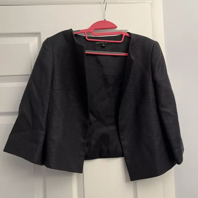 Lafayette 148 New York Black Cotton Linen Cropped Jacket Blazer 3/4 Sleeves, 8