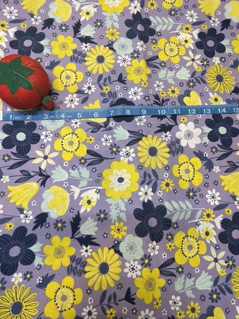 New Purple & Yellow Modern Floral Print Cotton Fabric - FQ Or Continuous Cut