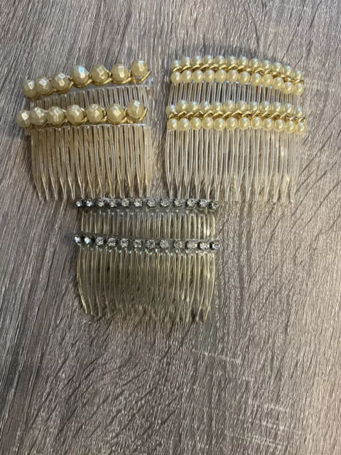 Vintage Lot Of Faux Pearl & Gold Tone Bead Rhinestone Hair Combs 1980's White
