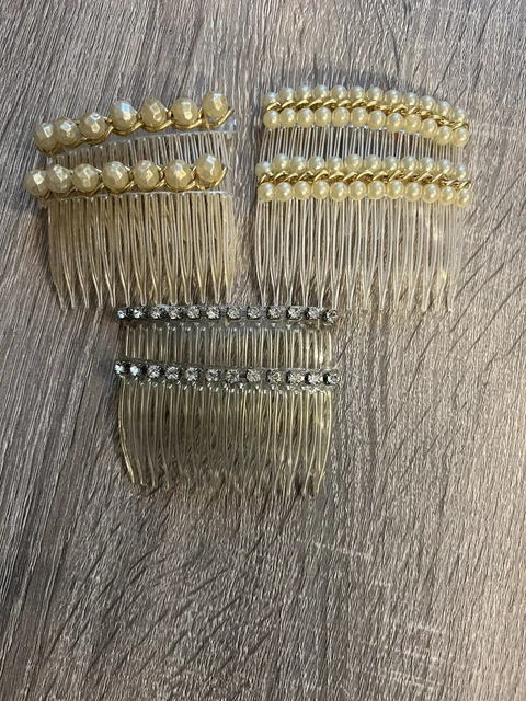 Vintage Lot Of Faux Pearl & Gold Tone Bead Rhinestone Hair Combs 1980's White
