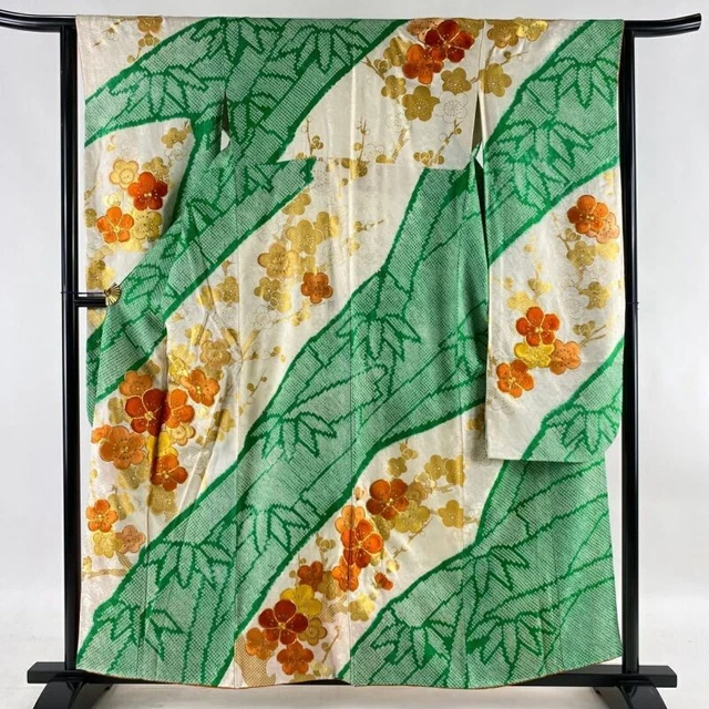 Japanese Kimono Furisode Pure Silk Prunus Japonica Bamboo Grass Embroidery Green