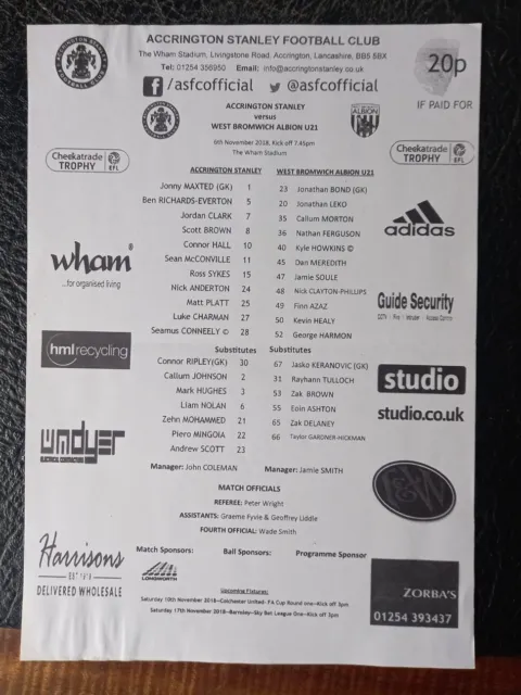 Teamsheet Accrington Stanley V West Bromwich Albion U21 Checkatrade Trophy 2018