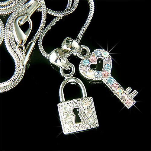 Pastel KEY TO MY HEART LOCK made with Swarovski Crystal Love Charm Necklace New