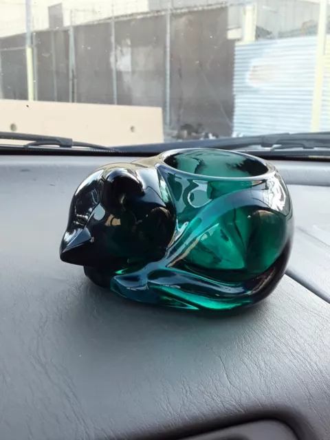 VTG Deep Green Glass Sleeping Cat Votive Candle Holder Green Heavy Paperweight