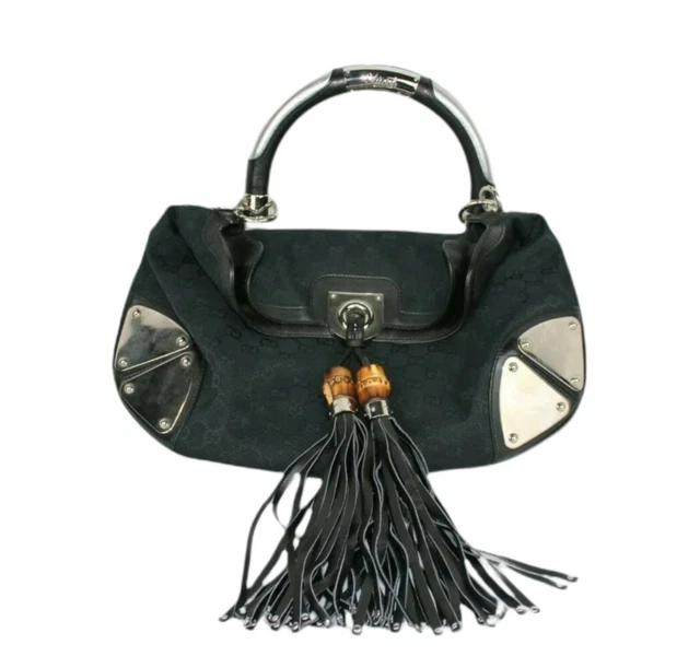 Gucci Black Signature GG Canvas Leather Trim Indy Top Handle Hobo Shoulder Bag Gucci Black Signature GG Canvas Leather Trim Indy Top Handle Hobo Shoulder Bag