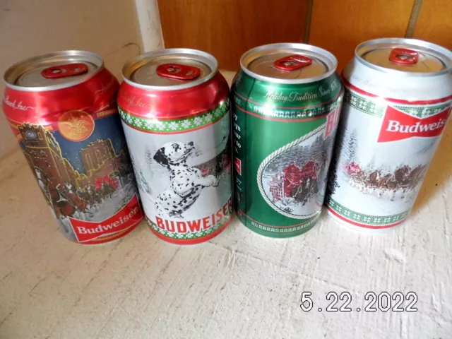 Budweiser Christmas 4 Can Set EMPTY 12 oz. Aluminum Can Bottom Opened 2021