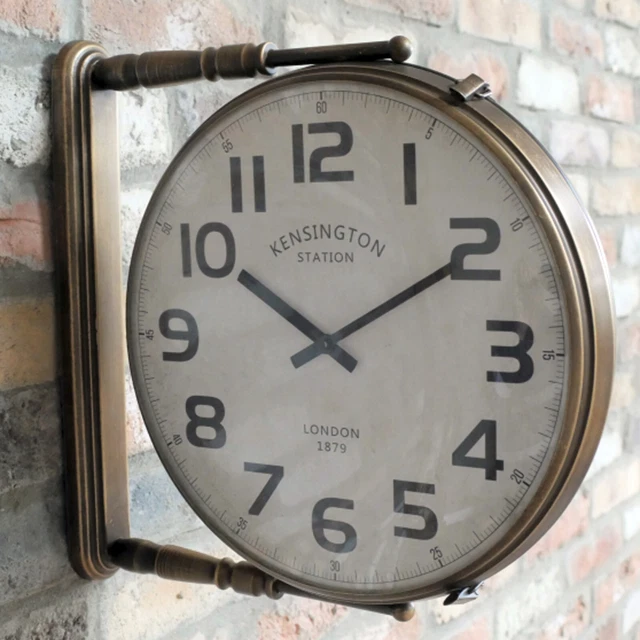 DOUBLE SIDED WALL Clock Large 38cm Retro Aged Brass Effect Metal Home