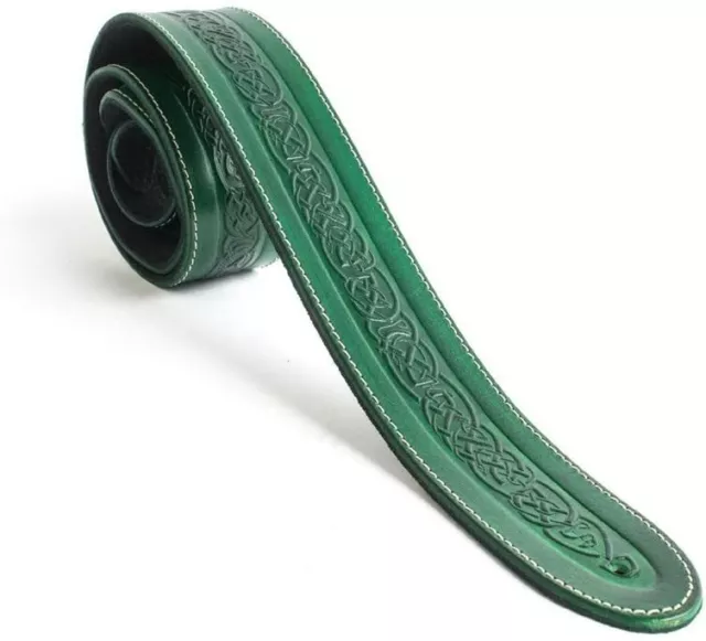 Green Celtic Embossed Genuine Leather Acoustic Electric Bass Guitar Strap Ukmade