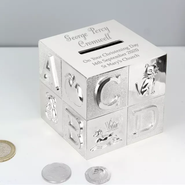 Engraved Personalised Silver Plated ABC Money Box Birthday baby Gift Christening