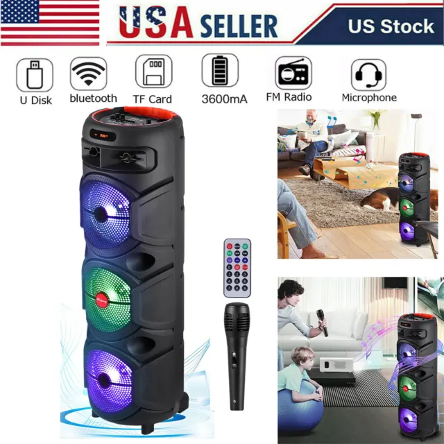 4000W Portable Bluetooth FM Speaker 3*8" Subwoofer Heavy Bass Party System W/Mic