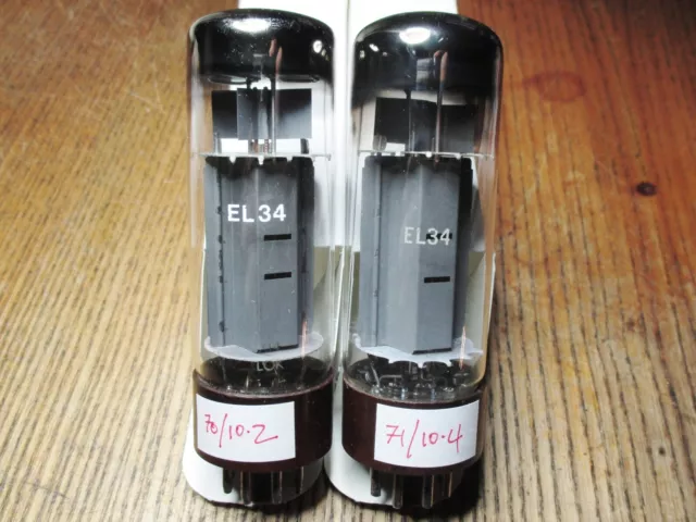 Matched pair of Mullard EL34, Xf4 types, brown base, AVO tested, boxed