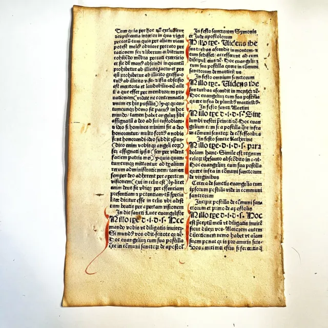 RARE 1486 Biblical Explanations of Gullelmus Incunable Book Leaf Manuscript — E