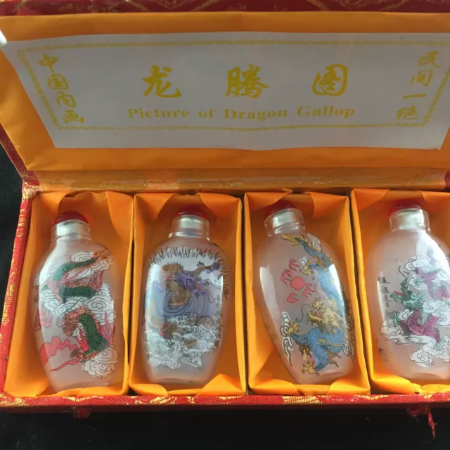4PCS RARE CHINESE INSIDE HAND PAINTING GLASS Dragon SNUFF BOTTLE