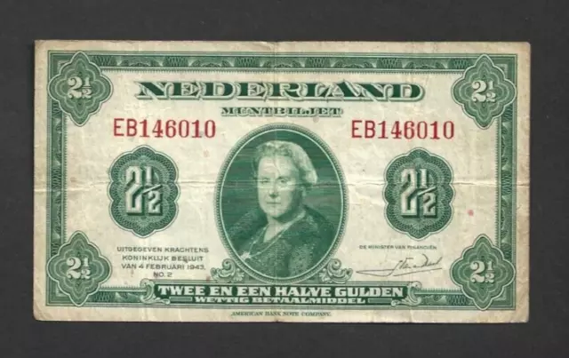 2 1/2 Gulden Vf-Fine  Banknote From  Netherlands 1943  Pick-65