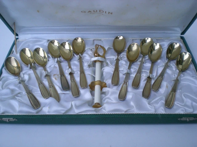 Coffret de 6 petites à cuillères dorées à café avec pince à sucre