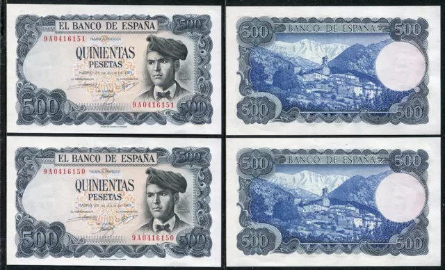 España  500 pesetas 1971 serie 9A pareja correlativa SC/UNC 508-9A-PA