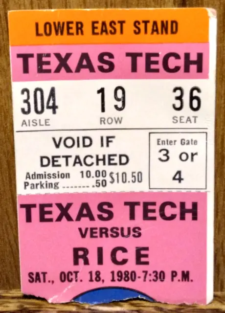Rice Owls Football vs. Texas Tech Red Raiders 10-18-1980 Used Ticket Stub
