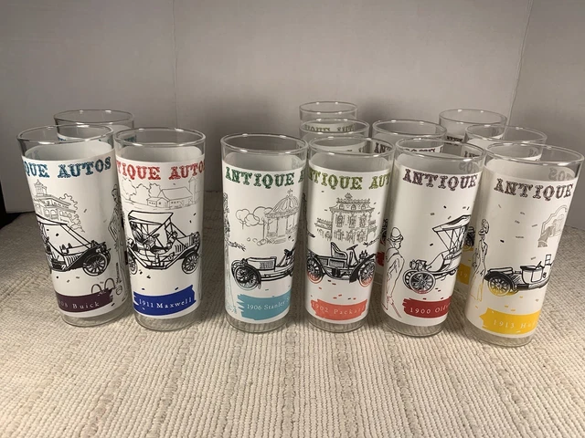SET OF 12 Vintage Anchor Hocking Antique Auto Cars Frosted Tumblers