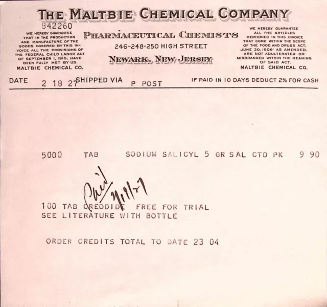 1927 Maltbie Chemical Company Pharmaceutical Chemists Newark NJ Purchase Order