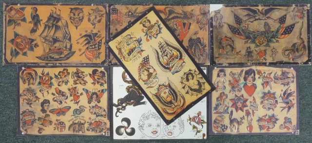 Lote de 7 hojas flash de tatuajes vintage ~ copias