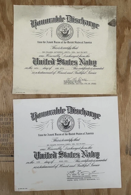 Vintage 1973 And 1983 USN US NAVY Honorable Discharge Certificate