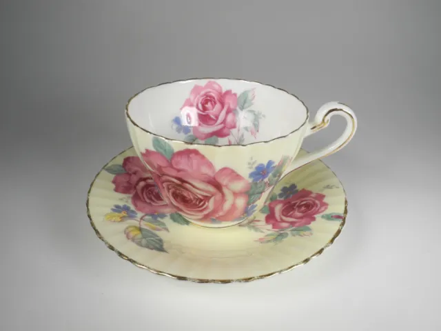 Paragon Pink Cabbage Roses Tea Cup & Saucer Vintage Fine Bone China Pale Yellow