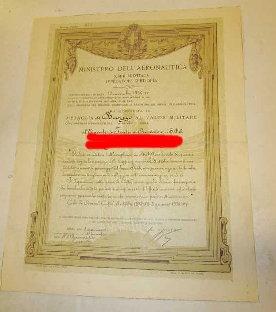 Attestato medaglia al valor militare ministero dell'aereonautica 1936