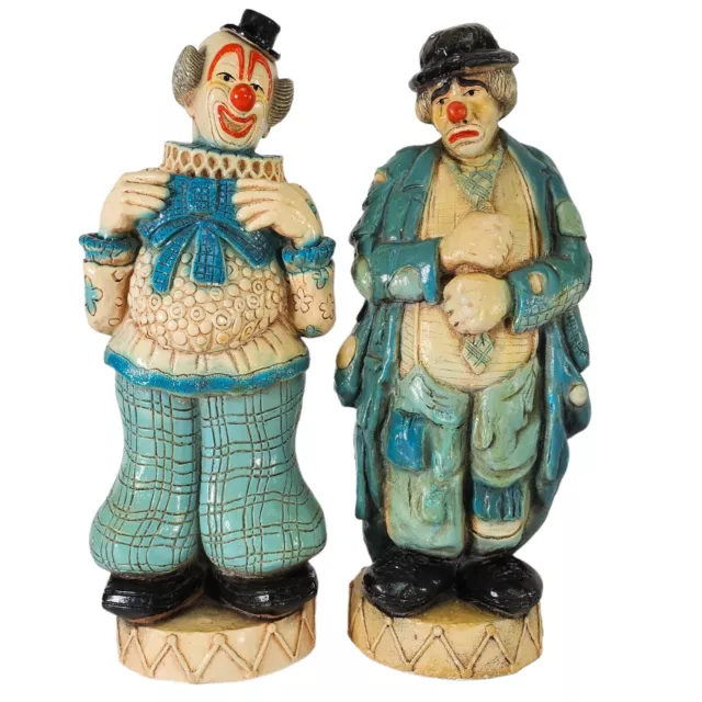 MCM Happy Clown and Sad Clown Statues Figurine Chalkware Blue Pair 18.5" 1967