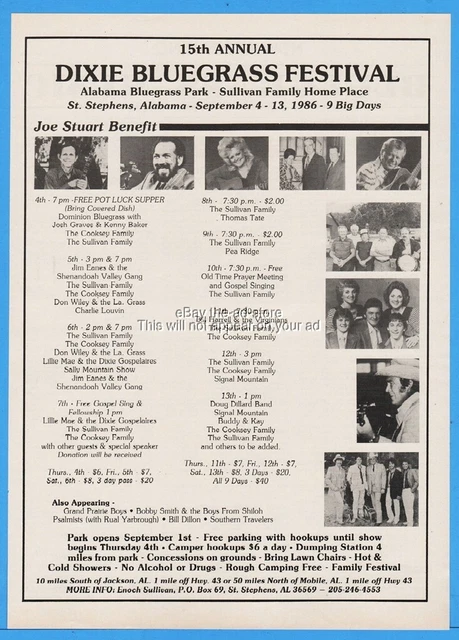 1986 Dixie Bluegrass Fest St Stephen AL Sullivan Fam Gospel Bill Harrell More Ad