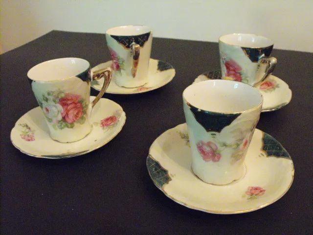 1920's  Bavaria Germany  Chocolate Cups and Saucers  Green with Roses  Lovely 