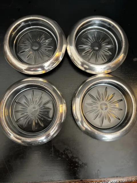 Set of 4 Coasters Vintage Frank M. Whiting & Co. Sterling Silver & Glass 3.75"