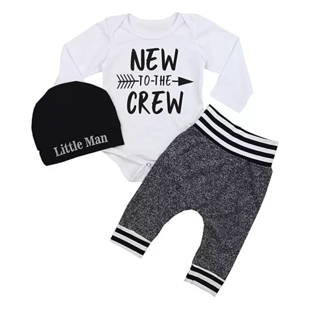 Newborn Baby Boys Outfit Set Clothes Long Sleeve Romper Tops + Long Pants + Hat 3