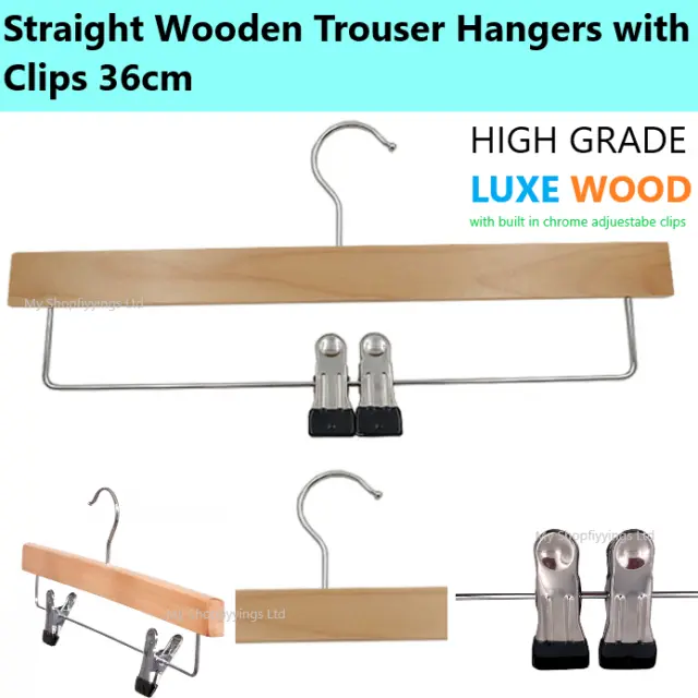 Quality Flat Wooden Trouser, Skirt Hangers With Clips, Coat Clothes Hangers 36cm