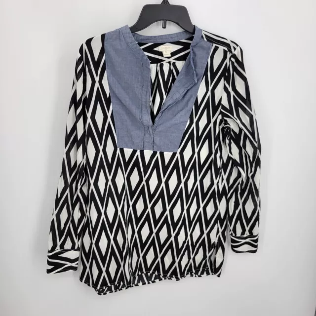 J Crew Top Womens Medium Black White Diamond Print Denim Neckline Boho