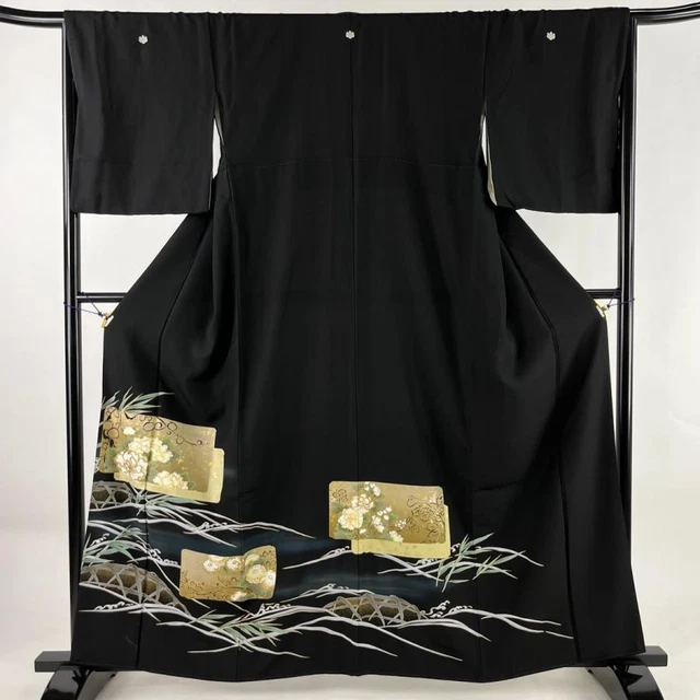 Black Tomesode Length 159Cm Sleeve 66Cm M Peony Wave Crest Gold Color Pure Silk
