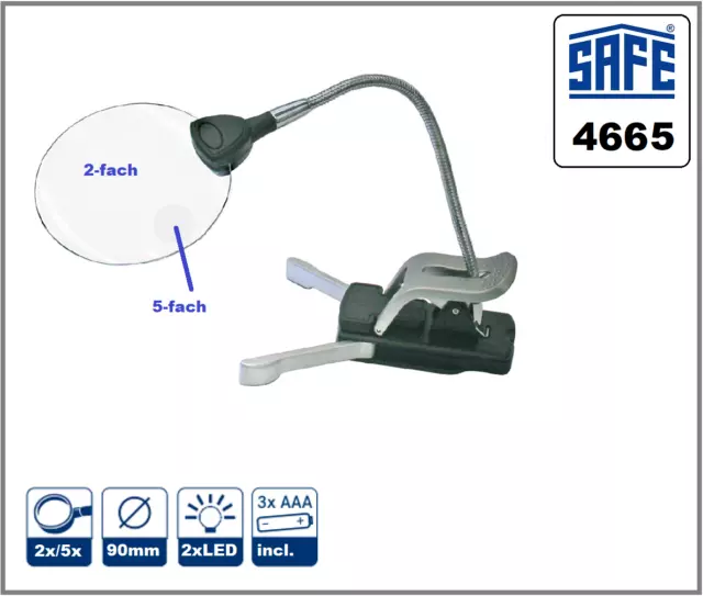 SAFE-4665-Randlose-Leuchtlupe-Klemmlupe-Linse-90mm 2-4x Compartiment 2-LED