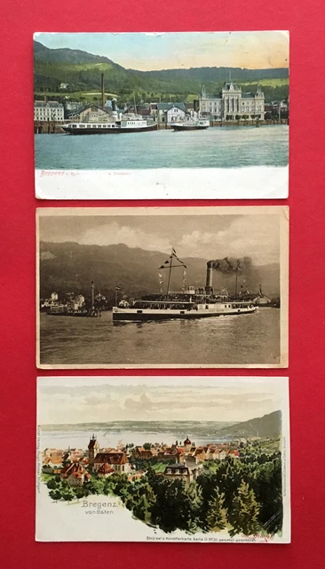 3 x AK BREGENZ am Bodensee 1906/21 Hafen und Postamt mit Dampfer   ( 52681