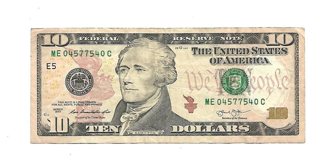 US TEN DOLLAR PALINDROME Pattern NOTE 2013  SERIES CIRCULATED